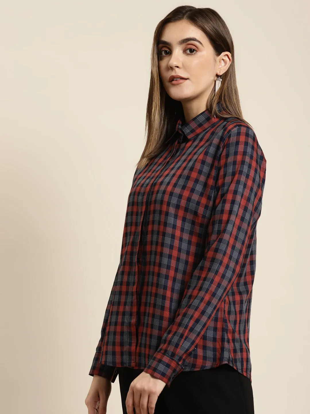 Women Navy & Red Checked Pure Cotton Regular Fit Formal Shirt