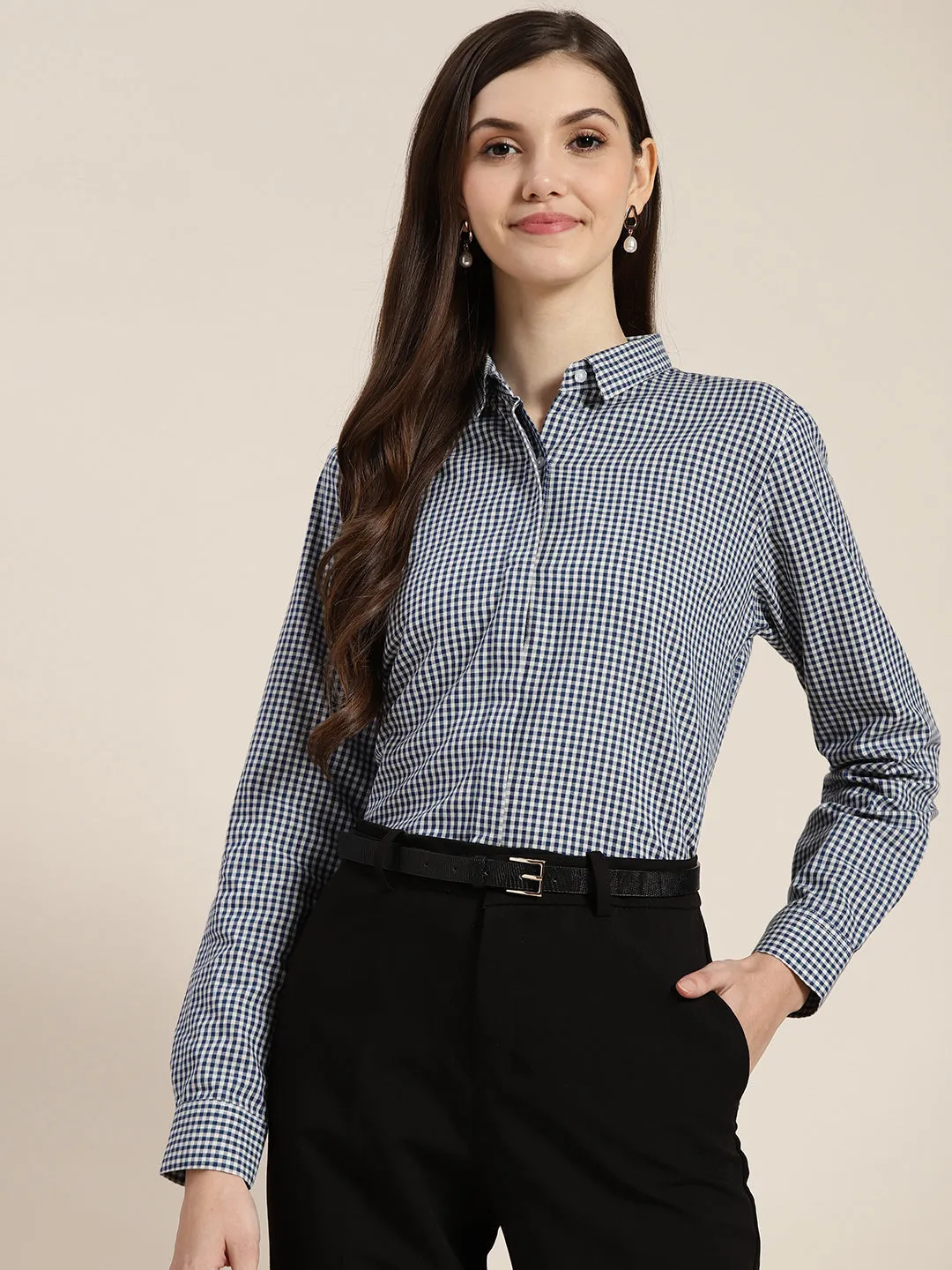 Women Navy & White Checked Pure Cotton Regular Fit Formal Shirt