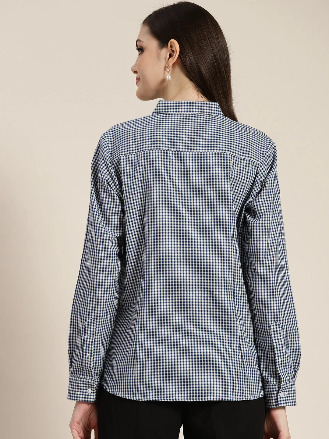 Women Navy & White Checked Pure Cotton Regular Fit Formal Shirt