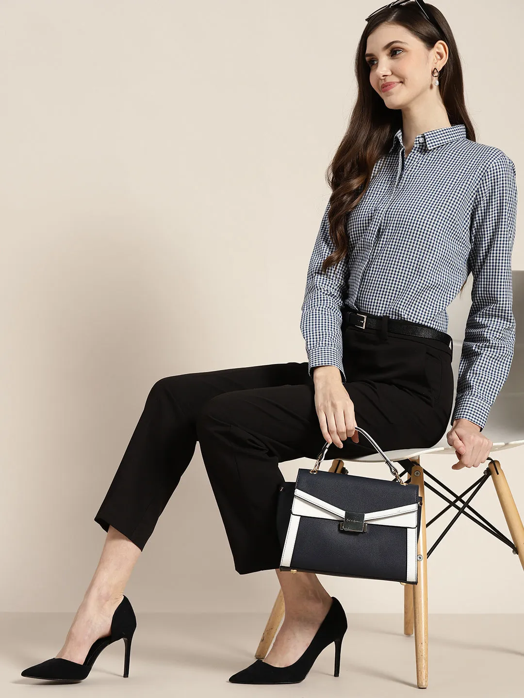 Women Navy & White Checked Pure Cotton Regular Fit Formal Shirt
