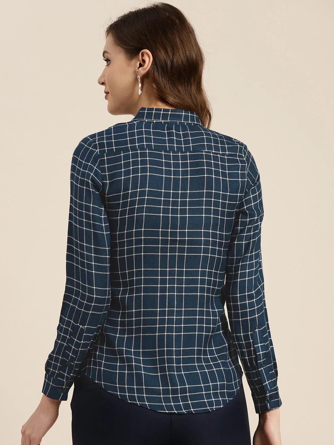 Women Navy Blue Checks Viscose Rayon Slim Fit Formal Shirt