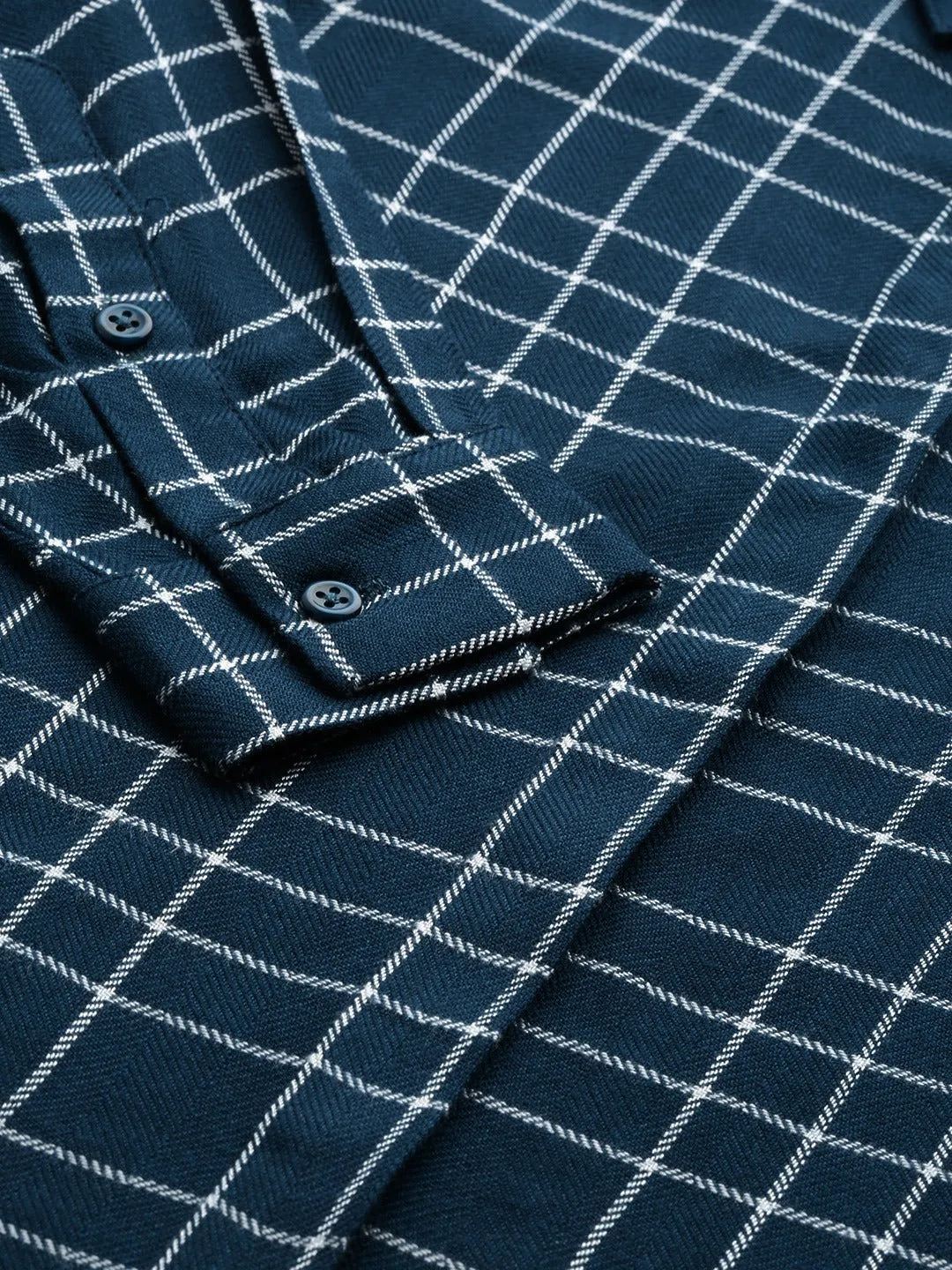 Women Navy Blue Checks Viscose Rayon Slim Fit Formal Shirt