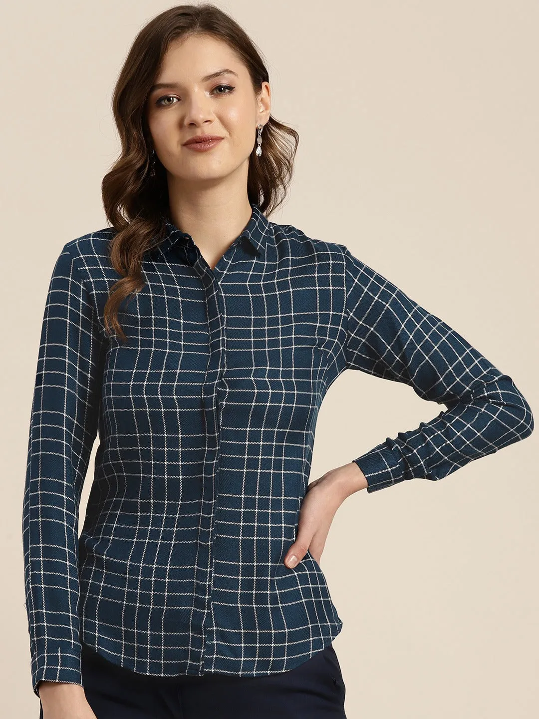 Women Navy Blue Checks Viscose Rayon Slim Fit Formal Shirt