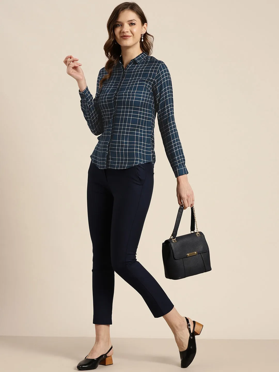 Women Navy Blue Checks Viscose Rayon Slim Fit Formal Shirt