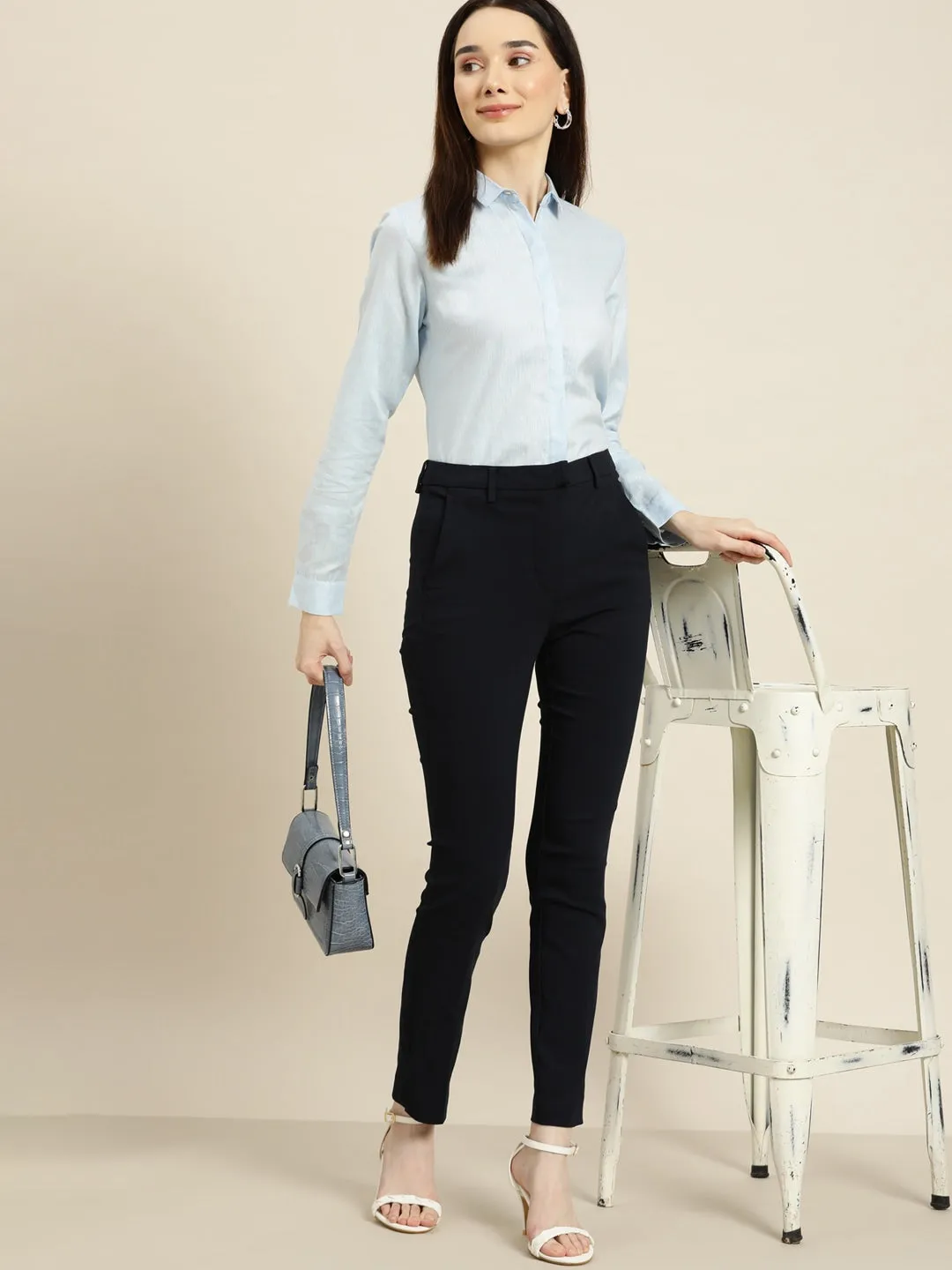 Women Sky Solids Linen Cotton Slim Fit Formal Shirt