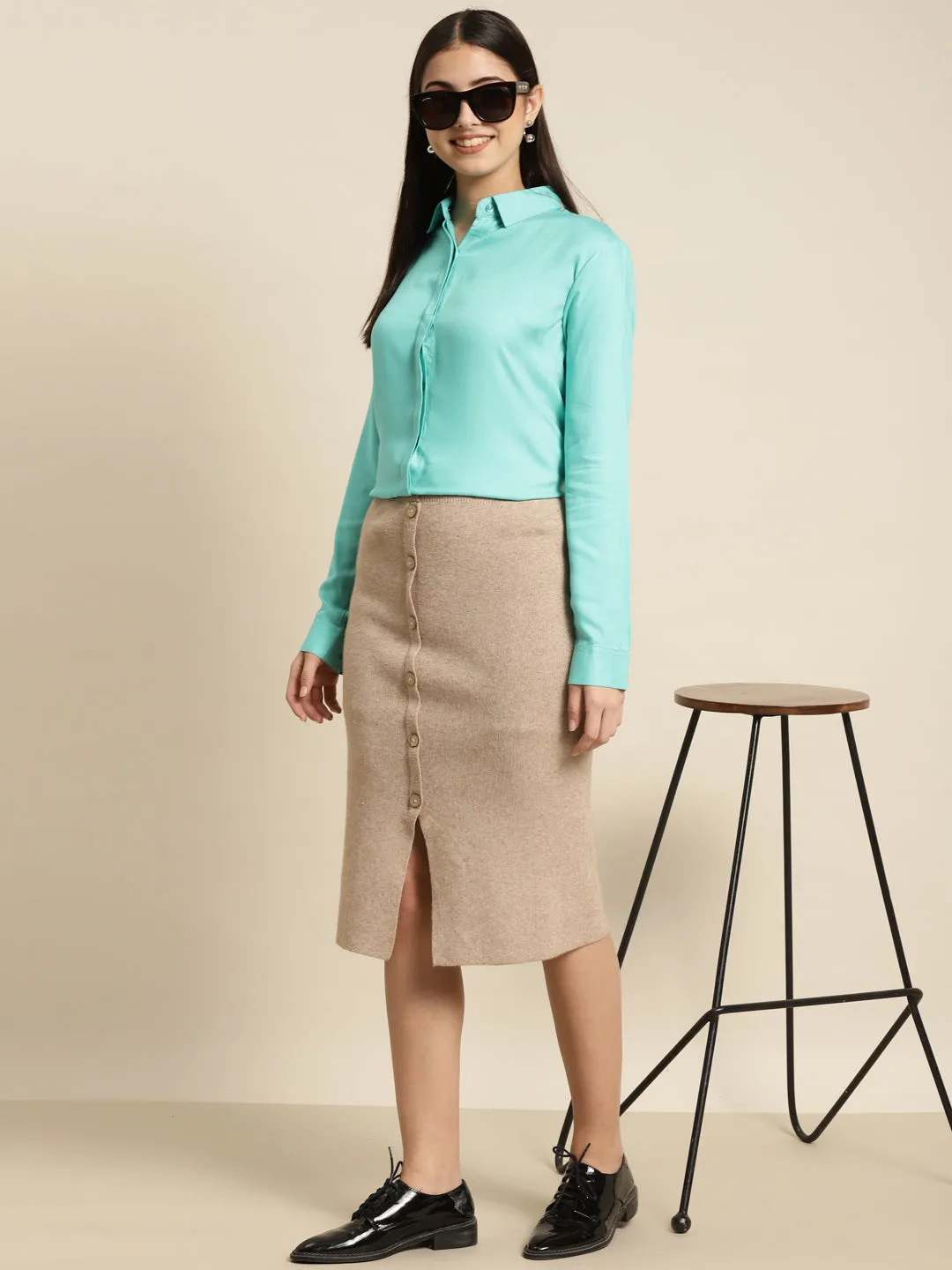 Women Teal Solid Viscose Rayon Regular Fit Formal Shirt