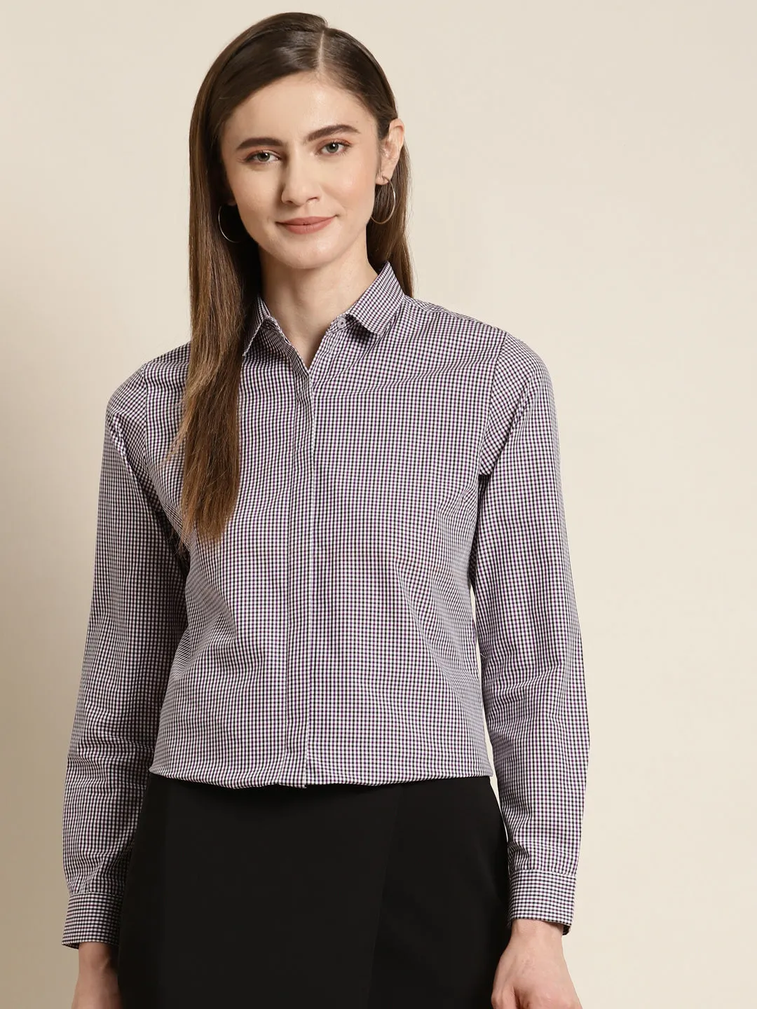 Women White & Blue Checked Pure Cotton Slim Fit Formal Shirt