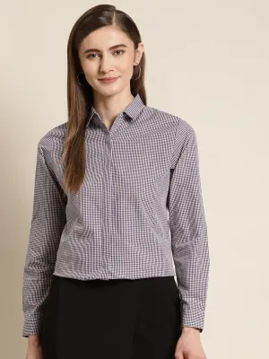 Women White & Blue Checked Pure Cotton Slim Fit Formal Shirt