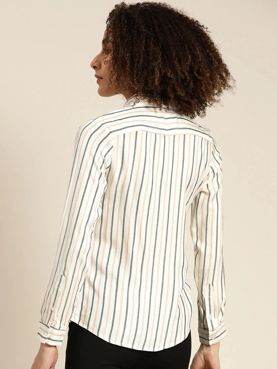 Women White Stripes Viscose Rayon Slim Fit Formal Shirt