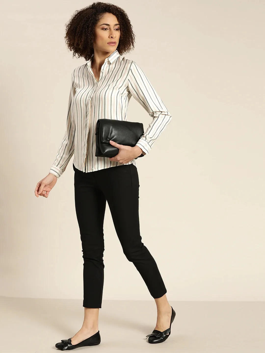 Women White Stripes Viscose Rayon Slim Fit Formal Shirt