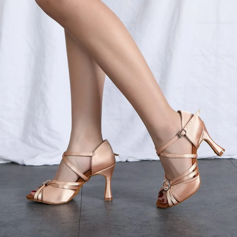 Womens Satin Latin Dance Shoes Open Toe Ballroom Salsa Performance Dancing Shoes,Model L532