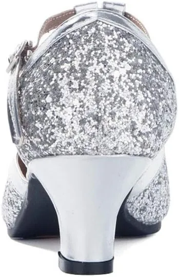 YKXLM Sequins Ballroom Dance Shoes Closed Toe T Strap Low Heels Dress Shoes Women,Model KM838