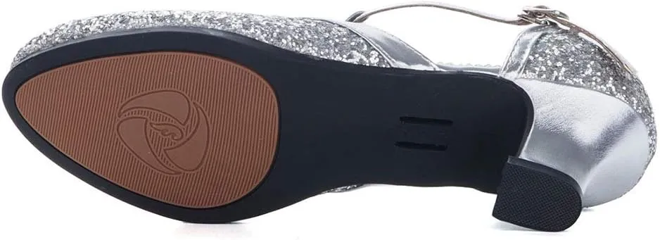 YKXLM Sequins Ballroom Dance Shoes Closed Toe T Strap Low Heels Dress Shoes Women,Model KM838