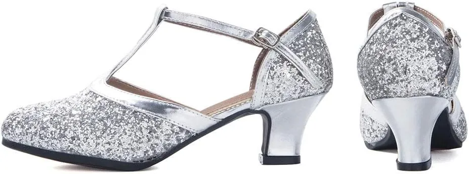 YKXLM Sequins Ballroom Dance Shoes Closed Toe T Strap Low Heels Dress Shoes Women,Model KM838