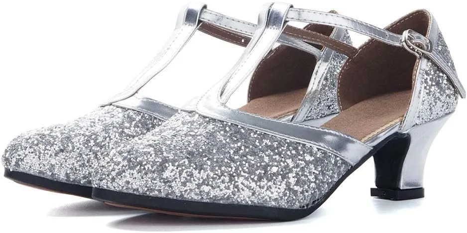 YKXLM Sequins Ballroom Dance Shoes Closed Toe T Strap Low Heels Dress Shoes Women,Model KM838