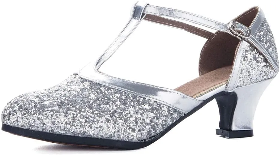 YKXLM Sequins Ballroom Dance Shoes Closed Toe T Strap Low Heels Dress Shoes Women,Model KM838