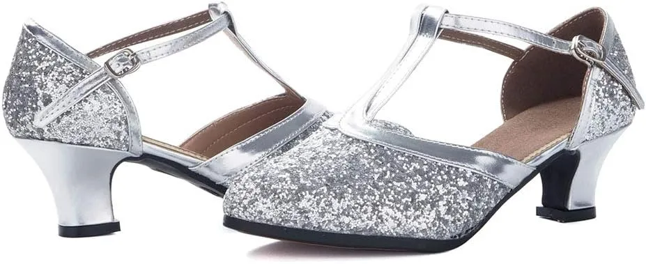 YKXLM Sequins Ballroom Dance Shoes Closed Toe T Strap Low Heels Dress Shoes Women,Model KM838