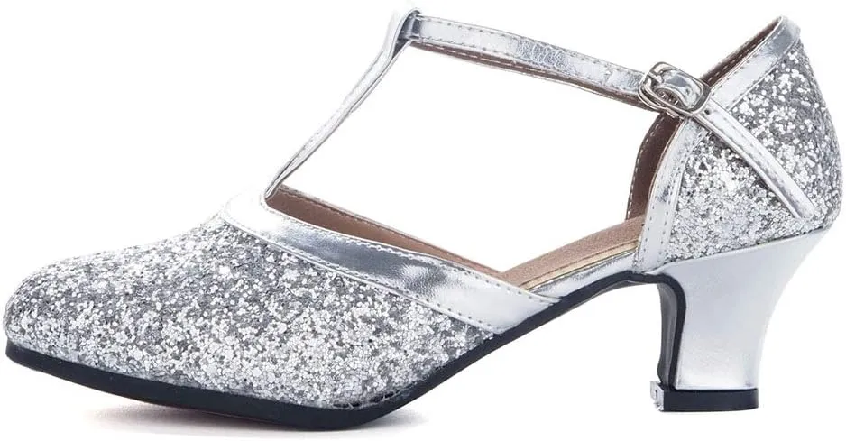 YKXLM Sequins Ballroom Dance Shoes Closed Toe T Strap Low Heels Dress Shoes Women,Model KM838