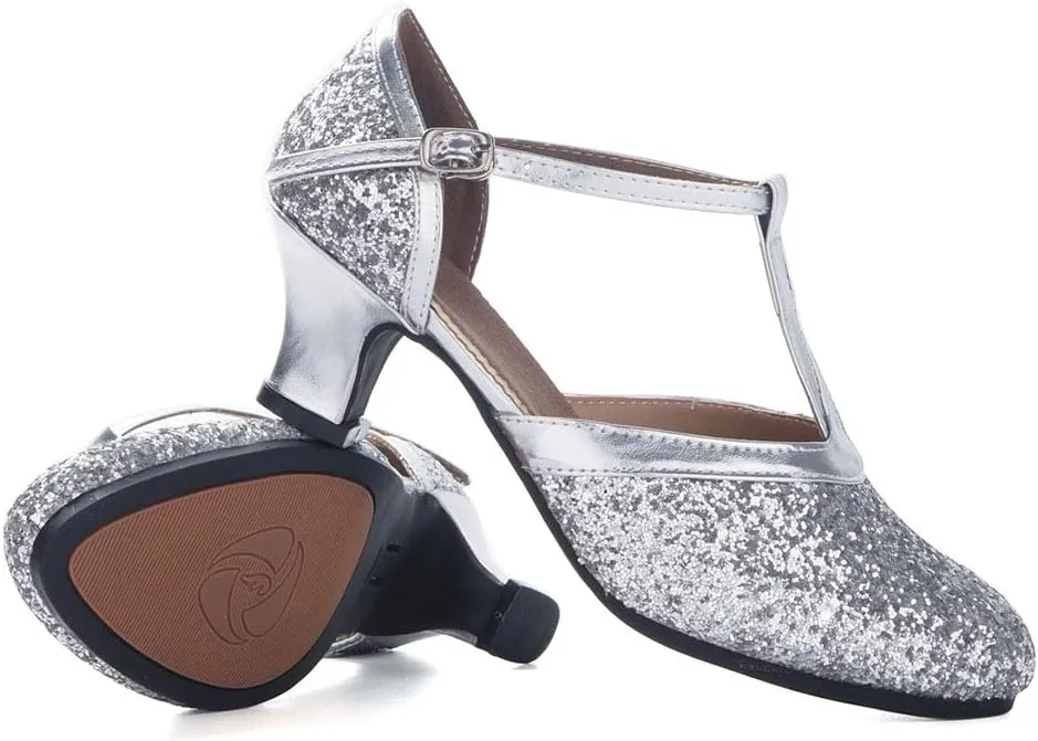 YKXLM Sequins Ballroom Dance Shoes Closed Toe T Strap Low Heels Dress Shoes Women,Model KM838